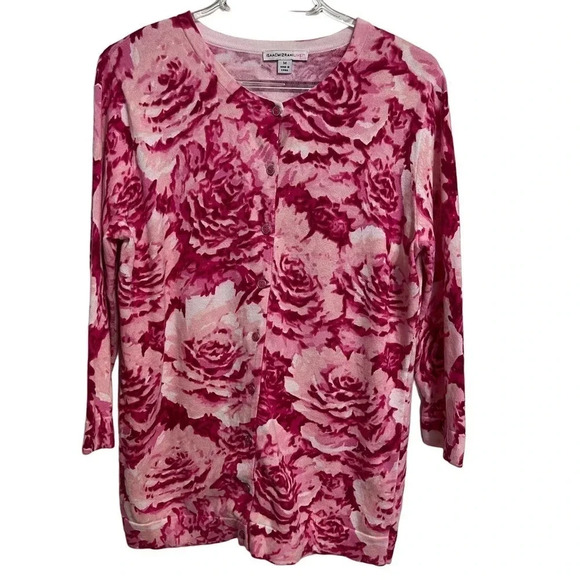 Isaac Mizrahi Rose Print Button Up Sweater Size Medium - Picture 1 of 7